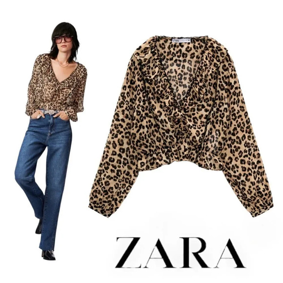 ZARA | Brown | ANIMAL PRINT CROPPED BLOUSE - Picture 1 of 11
